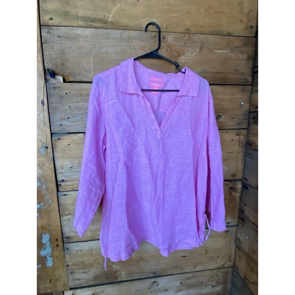 Isaac Mizrahi Linen Tunic Women’s L Heather Pink Side Slits 3/4 Sleeve - Picture 1 of 12